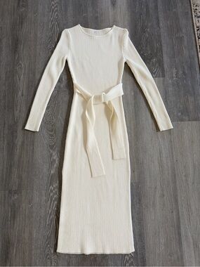 Amazon Cream Ribbed Long Sleeve Belted Midi Dress